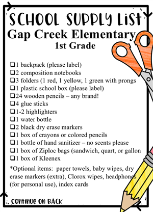 2019-2020 1st Grade Supply List 